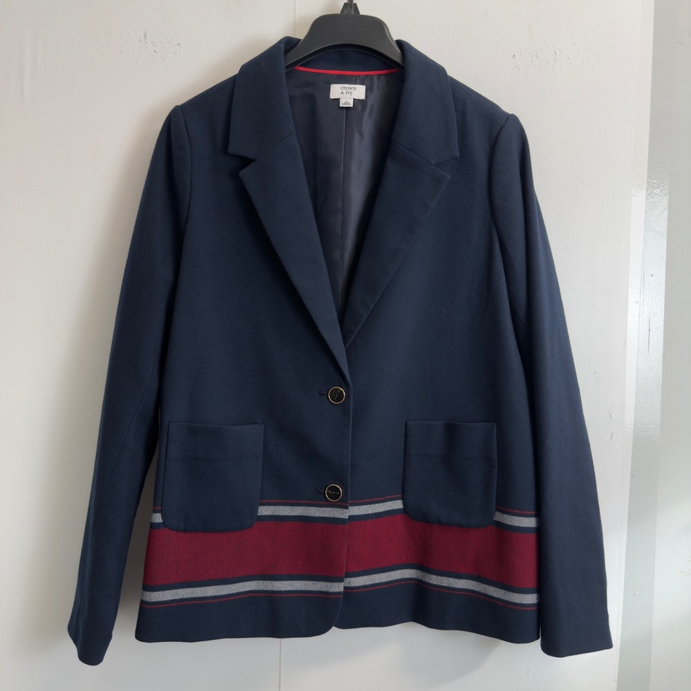 Crown & Ivy Navy Blue Striped Hem Single Button Blazer Jacket Women Large L